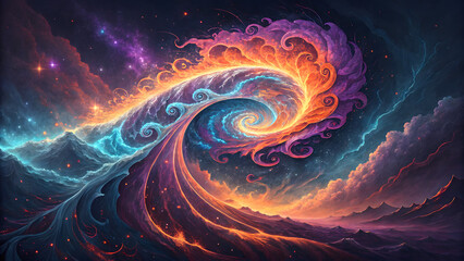 An abstract background featuring swirling patterns with vivid neon touches