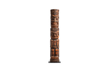 Tall wooden totem pole with carved faces and traditional Native American designs, isolated on a transparent background