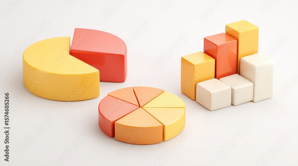 Poster marketing metrics traffic concept. 3d pie and bar charts in vibrant colors on a white background.