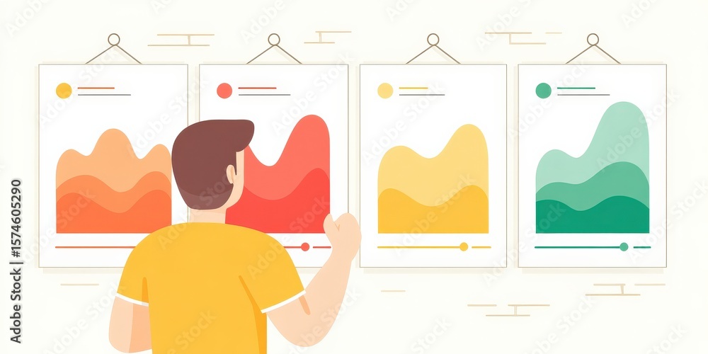 Poster marketing metrics traffic concept. person analyzing colorful graphs on the wall.
