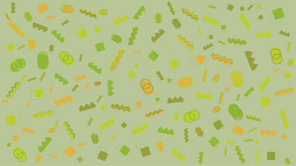 Green background with scattered geometric shapes. Vector illustration for presentation, creative project, and poster.