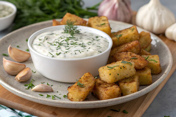 Appetizing of fried fish, served with a creamy sour cream sauce mixed with dill and garlic
