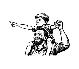 Fototapeta premium Happy Father with Son on Shoulders Pointing Direction, Vector Black and White Illustration