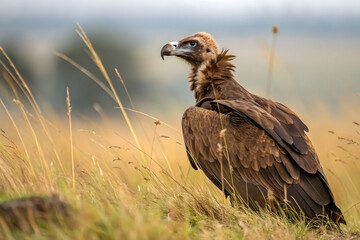 Big brown wild vulture sitting on land between grass