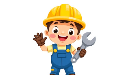 Cartoon illustration of a smiling young boy dressed as a construction worker, waving and holding a wrench.