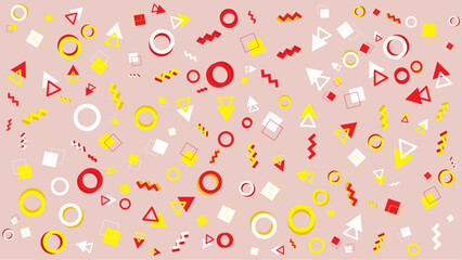 Pink background with scattered geometric shapes. Vector illustration for presentation, creative project, and poster.