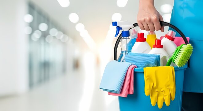 Cleaning Supplies Bucket Janitorial Service Photo - Powered by Adobe