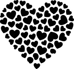 Black hearts scattered forming a large heart shape white graphic