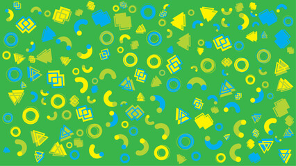Green background with yellow and blue geometric shapes. Vector illustration for presentation, creative project, and poster.