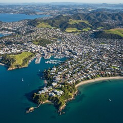 Aerial View of Coastal City with Blue Bay and Green Hills