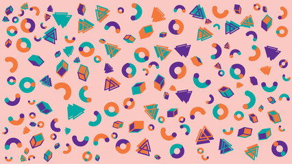 Pink background with scattered teal and orange geometric shapes. Vector illustration for presentation, creative project, and poster.