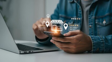 Local Business Management: A person engages with a smartphone to enhance online reputation, tracking holographic customer reviews and map locations for a thriving digital presence & improved customer - Powered by Adobe