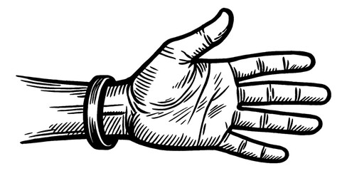 Open Hand with a Ring in a Detailed Engraving Style Illustration Showing Palm and Fingers