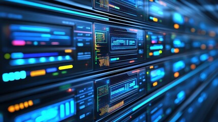 Close-up view of a server rack with illuminated panels.