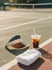 A sunny tennis court with a visor, iced coffee, and towel on the ground, evoking a refreshing post-match break.