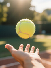 A hand tosses a bright yellow tennis ball into the air, with sunlight and a blurred tennis court in the background.