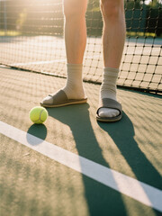 Close-up of legs in socks and sandals on a tennis court with a tennis ball nearby, bathed in warm sunlight.