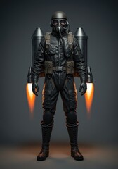 Fototapeta premium A man in black anti-g gear with rockets, front view, Unreal style, dark, dramatic, mysterious lighting. 