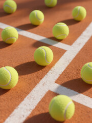 Bright yellow tennis balls scattered on a clay court with white lines, creating a vibrant and sporty composition.