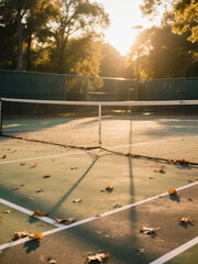 A peaceful tennis court at sunset, with autumn leaves scattered on the surface and warm golden light filtering through the trees.