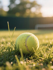 Close-up of a tennis ball on a grassy field, bathed in warm sunlight with a blurred background, evoking a serene outdoor sports vibe.