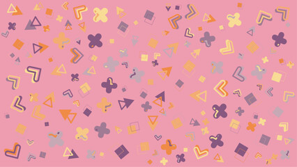 Pink background with scattered geometric shapes. Vector illustration for presentation, creative project, and poster.