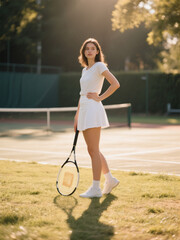 A young woman in a white tennis outfit stands on a sunny court, holding a racket, with a serene and focused expression.