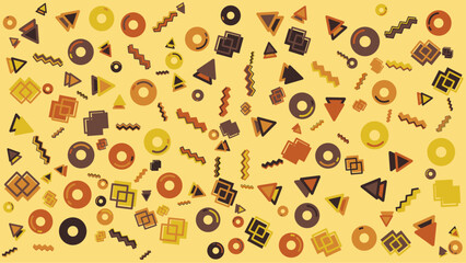 Yellow background with scattered geometric shapes. Vector illustration for presentation, creative project, and poster.