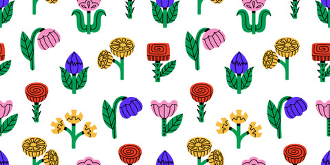 Seamless pattern featuring whimsical geometric fantasy flowers in vibrant colors with bold outlines. Decorative blooming plants with abstract shapes create a playful botanical background.