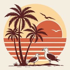 Naklejka premium Vintage sunset graphic. Sunset in 80s or 90s style. Geometric style. Palm trees and seagulls on background of circle. Retro sunset in vintage style. Flat vector illustration in grunge style