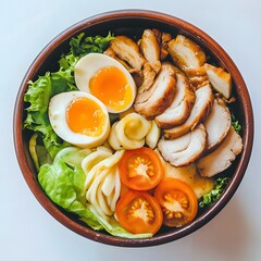 Fresh salad bowl with grilled chicken, soft-boiled eggs, and cherry tomatoes