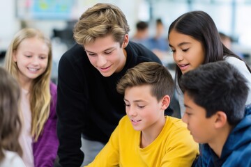 Obraz premium Group of Middle School Students Collaborating in Classroom on Project
