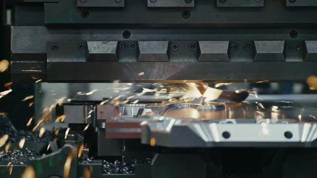 Metal stamping machine in industrial setting manufacturing process factory equipment close up view