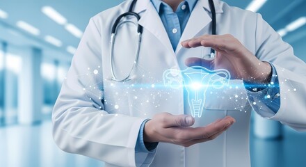 Doctor Holding Uterus Hologram Gynecology Healthcare Concept