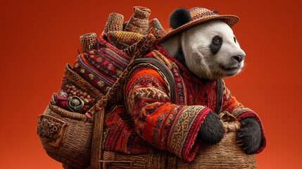 A giant panda in a straw hat sits in a wicker basket.