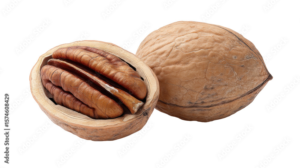 Poster pecan nut isolated on transparent background with half and whole shell showing natural texture