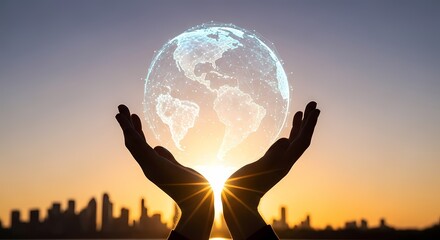 Global Network Connection Hands Sunset Cityscape