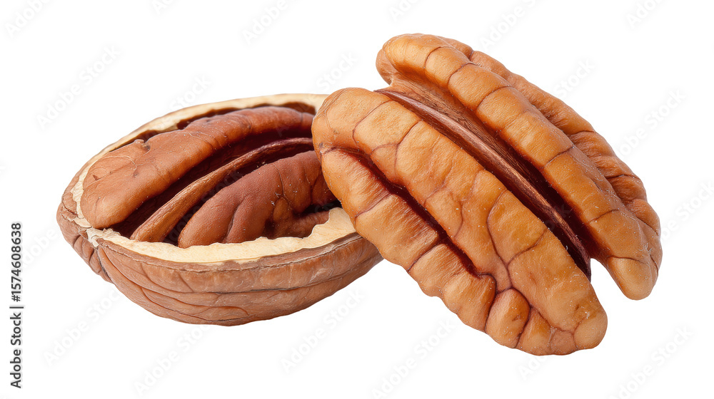 Poster pecan nut isolated on transparent background with detailed texture and natural color