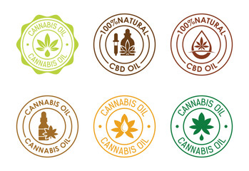 Collection of Cannabis Oil and CBD Oil Labels Representing Natural Products and Plant Based Wellness Solutions in Circular Designs