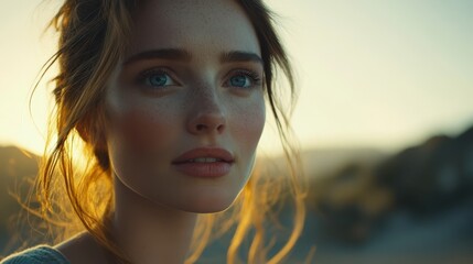 Serene Woman with Blue Eyes and Freckles at Sunset, Captivating Portrait