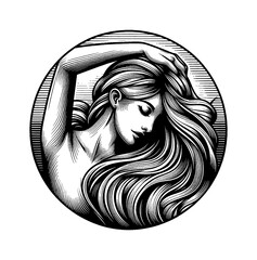 Elegant Woman with Long Hair Posing in Circular Frame in Detailed Black and White Engraving