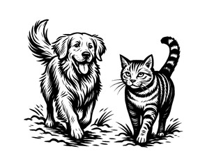 Obraz premium Illustration of a Happy Dog and Striped Cat Walking Together in Black and White Style