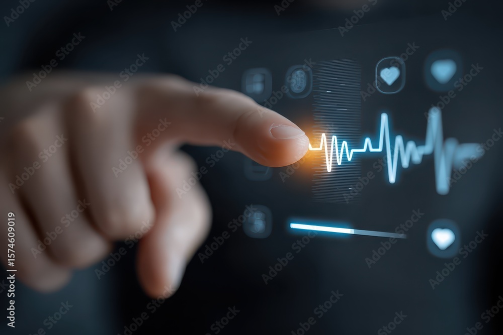 Poster touching heartbeat graph on digital screen with finger in dark background