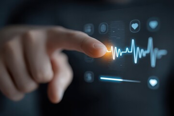 Touching Heartbeat Graph on Digital Screen with Finger in Dark Background