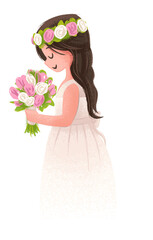 illustration of a tender little girl making her first communion with flowers in her hand
