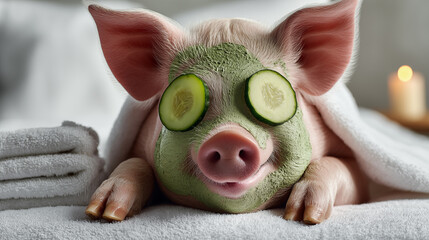 Cute little pig with green facial mask on bed, closeup