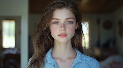 Striking Portrait Young Woman With Blue Eyes Brown Hair Freckles Beauty Look