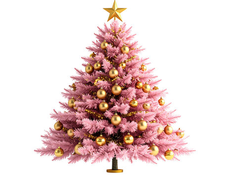 3D Render of Pink Christmas Tree with Gold Ornaments, isolated on transparent background PNG