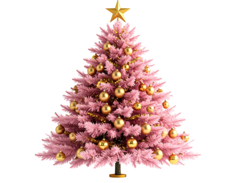 3D Render of Pink Christmas Tree with Gold Ornaments, isolated on transparent background PNG