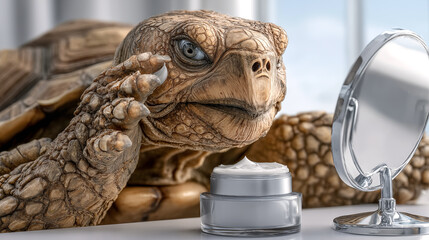 Close-up of a face cream and a turtle. 3d rendering